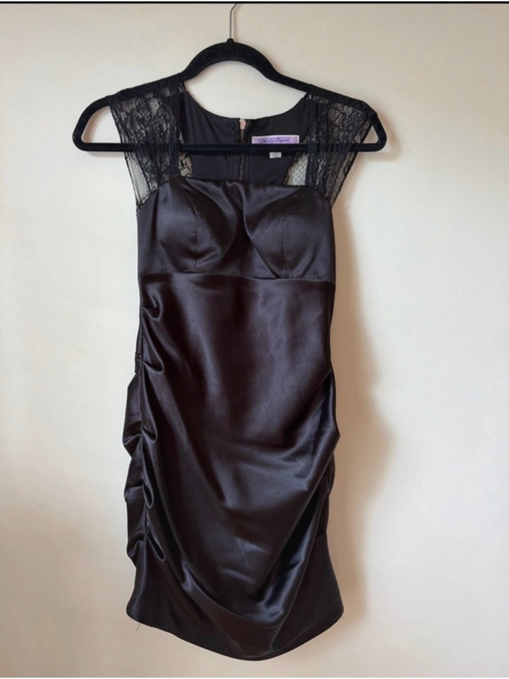 Hailey Logan Black Satin Lace-Shoulder Midi Dress